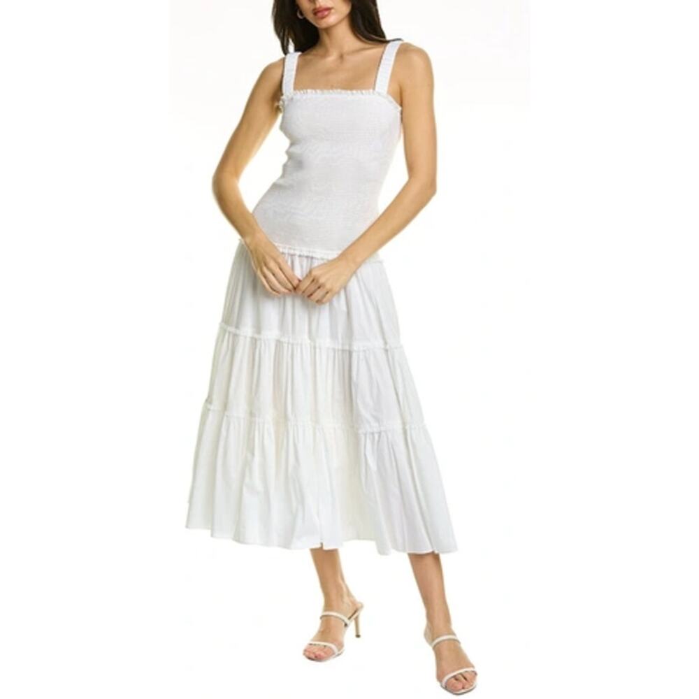 NWT Cinq a Sept Rina Midi White Dress Size 4 Bridal Smocked Detail
